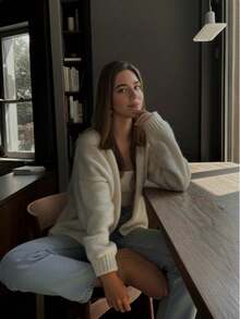 Women Regular Length V Neck Long Sleeve Button Cardigan With Pockets And Medium Stretch Fabric - Beige - View 4