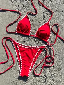 Ensemble de bikini femme avec empiècement coloré et volants, avec bonnets triangulaires réglables et design à nouer, convient pour les vacances à la plage et le style rétro - Rouge - Voir 2