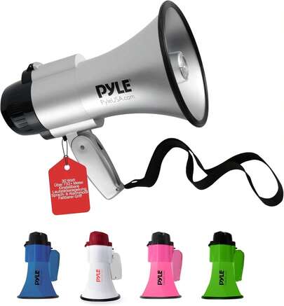 Altavoz Megáfono Portátil Pyle Sirena Bullhorn - Compacto y Operado por Batería con 30 Vatios de Potencia, Micrófono, 2 Modos, Sonido PA y Plegable para Uso de Animación y Policía PMP33SL (Plata)