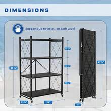 4-Tier Foldable Storage Shelf With Wheels - Metal Rack Collapsible Shelving Unit Display, Rolling Cart For Books Kitchen Storage Shelves, Pantry & Closet Organizer, Office Room Decor - Black - View 3