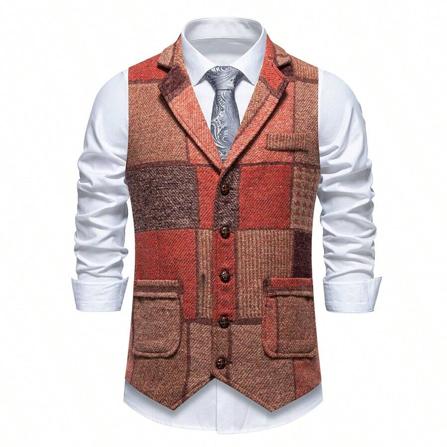New Vintage Patchwork Lapel Men's Suit Vest - Orange - View 1