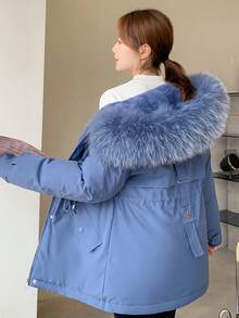 Parka acolchada de invierno Chaqueta de algodón Suelta Chaqueta de algodón Abrigo Abrigo de algodón de largo medio para mujer Nuevo estilo invernal con forro polar y diseño grueso Cuello de piel grande Chaqueta de algodón de estilo coreano Parka de largo medio con capucha, cremallera y botones Bolsillos y cuello de piel Parka inspirada en la ropa de trabajo Corte holgado y cálido - Azul - Ver 3