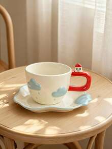 1 Set kreative handgeformte Relief-Keramiktasse & Untertasse mit Wolkenmotiv, handbemalt - Weiss - Übersicht 7