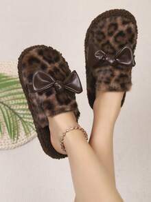 新款秋冬蝴蝶结豹纹软垫时尚厚底毛绒拖鞋，女士款 - 咖啡棕 - 查看 11