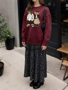 2025 Autumn/Winter New Retro Cartoon Bear Embroidered Loose Fit Round Neck Long Sleeve Sweater, Versatile Daily Wear, Women's Fall/Winter, Suitable For Halloween, Saudi National Day, New Year, Christmas, Elegant Autumn/Winter Layering - Burgundy - View 4