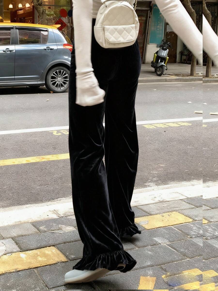 DAZY Pantalon maxi évasé en velours ample avec patchwork, couleur unie, automne pour femmes