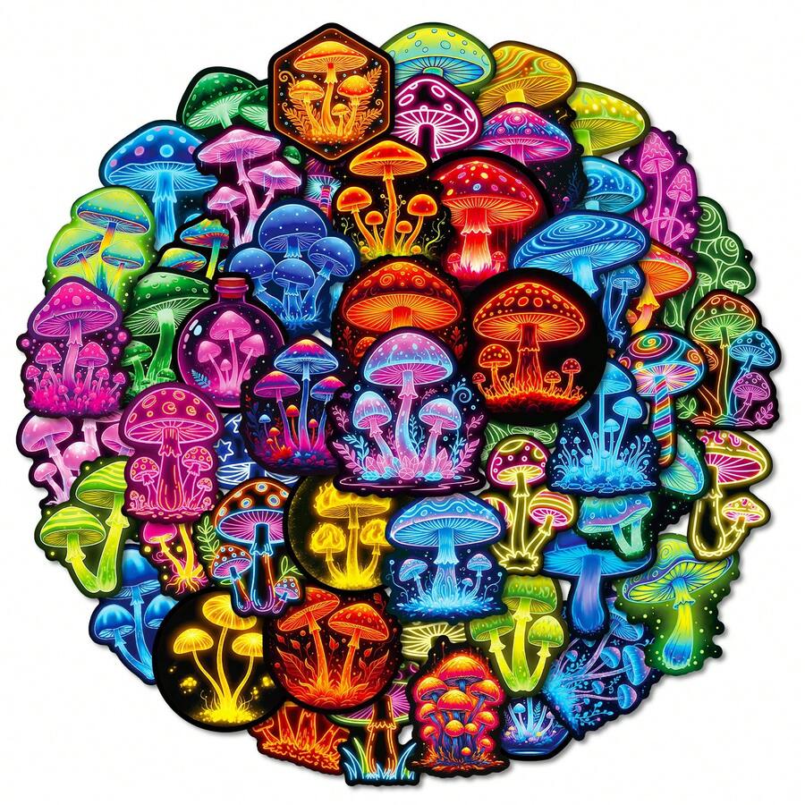 56张酷炫蘑菇涂鸦贴纸创意植物卡通贴花DIY行李箱手机吉他滑板冰箱杯子派对礼物 - 彩色 - 查看 1