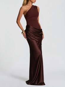 Elegant One-Shoulder Spring/Summer Women's Dress, Satin Patchwork, Fashion Outgoing, Wedding, Party, Club Dress - Coffee Brown - View 4