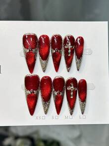 10片手工美甲片，尖头杏仁形，长款尖头按压式美甲片，优雅红色美甲片，闪亮猫眼，金色边缘闪粉，镶嵌钻石十字架美甲饰品，简约前卫又不失温柔奢华，适合冬季、春季等各种场合，也适合派对、日常、约会、海滩、热带度假等，DIY美甲，适合女性和女孩作为礼物，手工美甲用品。 - 紅色 - 查看 11
