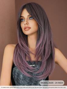 7JHH WIGS Perucă elegantă, lungă de 24 de inci, în straturi roz-violet, cu breton tip perduță, pentru femei, purtare zilnică, păr natural sintetic rezistent la căldură, peruci cu ondulații largi cu despărțire la mijloc, pentru petreceri, festivaluri de muzică, accesorii pentru peruci cadou de Crăciun - Dusty Purple - Vizualizare 4