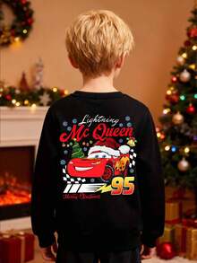 Disney Christmas Element Racing Cars  Pattern Print, Warm And Soft Autumn And Winter Boys' Hoodie, Suitable For Shopping And School Wear, Perfect As A Christmas Gift. - 黑色 - 查看 4