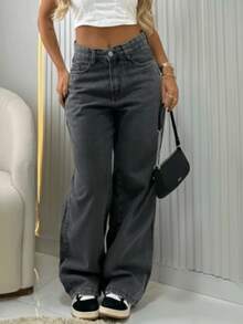 Women's Wide Leg Jeans, High-Rise, 100% Premium Cotton, Wide Leg, Marbled Blogger - 黑色大理石石墨 - 查看 1