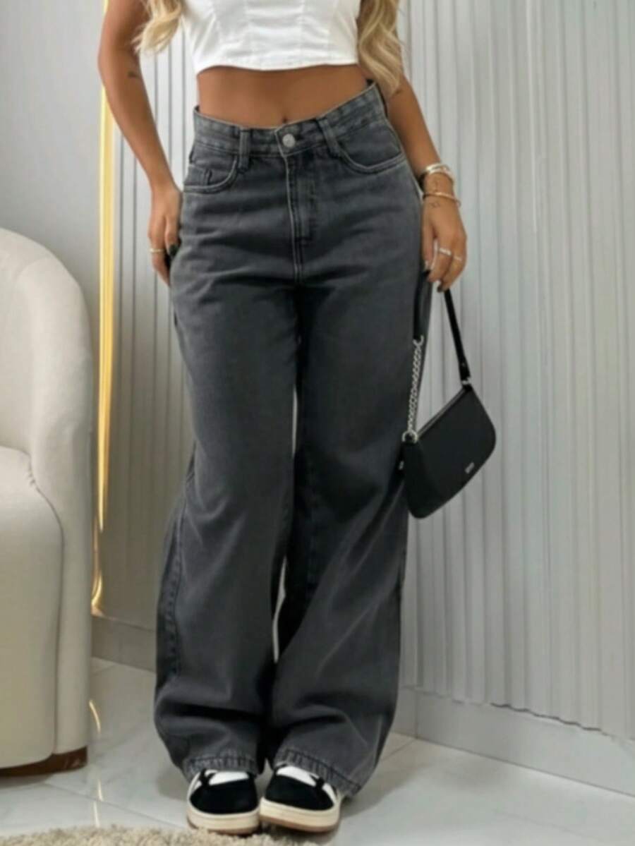 Women's Wide Leg Jeans, High-Rise, 100% Premium Cotton, Wide Leg, Marbled Blogger - 黑色大理石石墨 - 查看 1