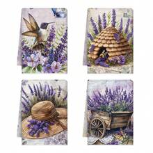 4pcs Purple Lavender Style Kitchen Towels, Purple Lavender Color Scheme, Purple Lavender And Bird Pattern Design, Suitable For Wiping Tableware, Also Can Be Used As Kitchen Home Decor And Tabletop Decor, Essential Kitchen Supplies, Fit For Kitchen And Dining Room, Commonly Used For Daily Cleaning And Holiday Decoration - Multicolor - View 8