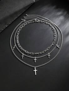 3pcs Punk Style Simple Cross Necklaces, Men's Fashion Layered Iron Alloy Necklaces, Suitable For Daily, Party, Birthday, Holiday, Father's Day, Boyfriend Gifts, Couple Jewelry Necklaces