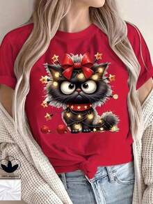 Camiseta casual de mujer con estampado navideño, cómoda camiseta de cuello redondo de manga corta, adecuada para usar en primavera y verano, fiestas navideñas y atuendos de invierno, adecuada para cualquier ocasión, color sólido, estilo casual, fiesta de Navidad, reunión familiar, uso diario. - Rojo - Ver 1