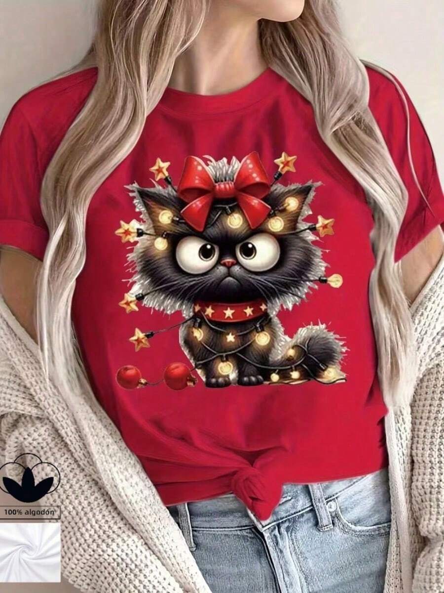 Camiseta casual de mujer con estampado navideño, cómoda camiseta de cuello redondo de manga corta, adecuada para usar en primavera y verano, fiestas navideñas y atuendos de invierno, adecuada para cualquier ocasión, color sólido, estilo casual, fiesta de Navidad, reunión familiar, uso diario. - Rojo - Ver 1