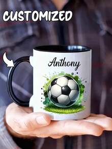 个性化足球迷礼物 - 双面11盎司陶瓷马克杯，印有草地足球图案，可定制姓名和号码，个性化咖啡杯，可定制姓名或文字，7种颜色可选 - 球员和球迷的理想生日圣诞礼物 - 彩色 - 查看 4