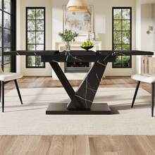 Telescopic Dining Table (120-160*75cm), Table, Kitchen Table, Extendable Table, Extends To 120-160cm With The Help Of Internal Inserts, For Kitchen And Living Room, Dining Table With Black Marble Pattern - Black - View 4