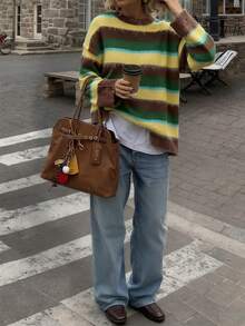 2025 Autumn/Winter New Fashion Niche Round Neck Contrast Color Striped Casual Long Sleeve Women Sweater, Wool Material