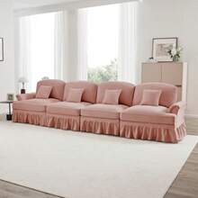 Elegante sofá grande de 4 lugares em estilo de meados do século com chenille com Trichter-Armlehnen, abnehmbarer Rüschenschürze & spindelförmigen Beinen – Confortável Wohnzimmer-Sofa,weiß - Rosa - Ver 4