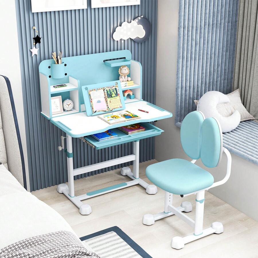 Lifezeal Kid's Study Desk & Chair Set With Tilt Desktop, Pen Holder & Tray, Reading Stand - 藍色 - 查看 1