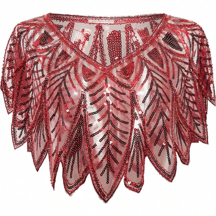 Shawl Wraps Sequin Beaded Evening Cape Bridal Shawl - Cherry Red - View 1