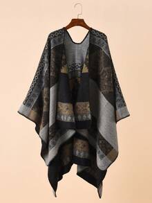 1件女士复古优雅几何格纹图案保暖仿羊绒大披肩围巾，适合秋冬季旅行和日常使用 - 黑色 - 查看 3