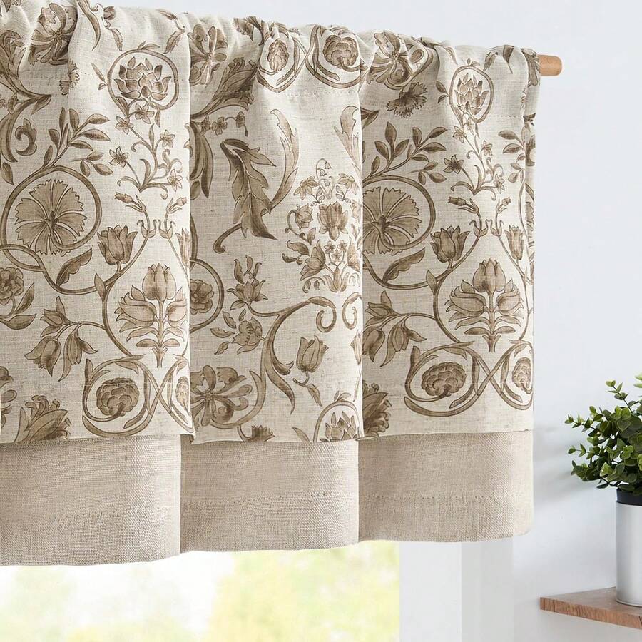 Linen Valance Kitchen Curtain Double Layer 16 Inch Living Room Bedroom Bathroom Window Treatment Blackout Vintage Rustic Farmhouse Cottagecore Rod Pocket 1 Panel On Beige - *復古灰褐色 - 查看 1