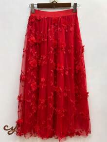 Midi Tulle Skirt With Elegant 3D Flowers - Various Colors - Sizes S To XL - Đỏ 1 - Xem 3