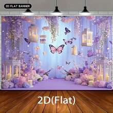 1 Pc, 2D Flat, Gorgeous Style Butterfly Party Backdrop, Polyester Material, Purple Background, Rectangular Photography Background, Bohemian Style, With Purple Butterflies And Flowers, Suitable For Birthday And Wedding Decoration, Living Room Bedroom Decoration, Office Decoration, Multi-Season Use, Gift Giving, Photo Booth Props, Multiple Size Options - Multicolor - View 5