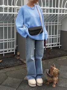 FOR BEAUTY 春秋新款蓝色圆领长袖时尚针织衫，女士宽松休闲百搭落肩套头衫，女士针织上衣，新年