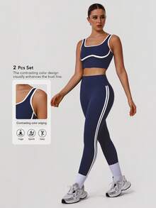 Sodalemon Women Athletic Contrast Color Gym Set Backless Elastic Training Sport Bra Butt Lifting Casual Outdoor Tight Yoga Leggings Gym Fitness 2 PCS Sport Sets - Navy Blue - View 3