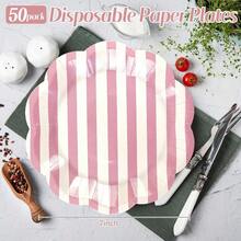 D50PCS Pink Striped Paper Plates 7Inch Scalloped Plates Disposable Pink And White Cake Dert Plate For Baby Shower Wedding Birthday Party Plies - 粉色 - 查看 2