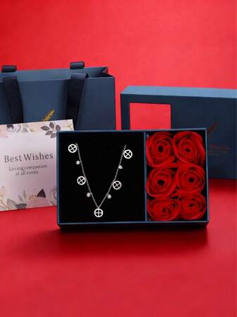 1 pieza Caja de regalo de flor de lujo elegante con collar de trébol hueco, adecuado para citas, uso diario, regalo del Día de la Madre, regalo del Día de San Valentín