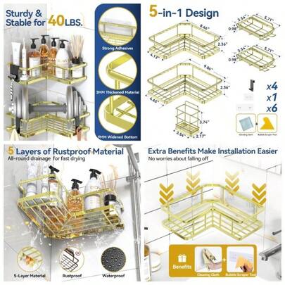 Corner Shower Organizer, 3 Pack Rust Proof Stainless Steel Adhesive Shower Shelves With Soap Holder, Punch - Free Shower Storage Rack For