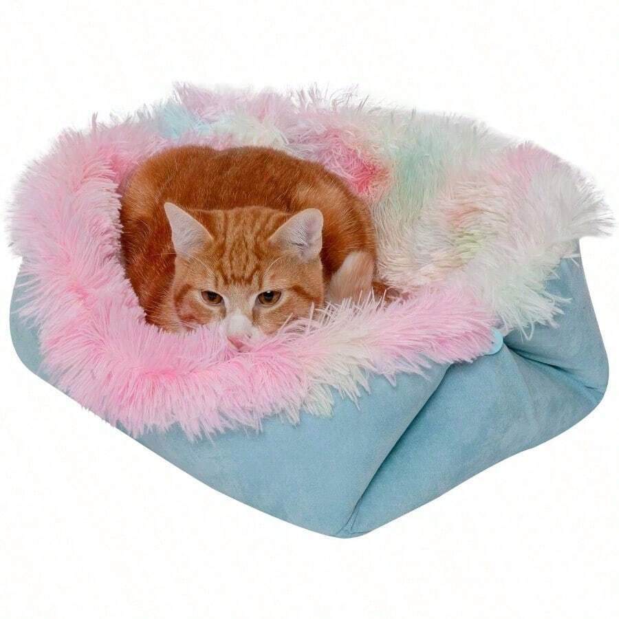 YFurhaven Small Cat Bed SelfWarming Long Faux Fur Suede Convertible Cuddler Washable Rainbow Small - PielLargayGamuzaArcoIris - Ver 1