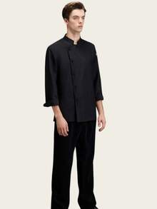 New Black Fashion Chef Uniform Unisex Long Sleeve, Suitable For Autumn/Winter, High-End Hotel, Restaurant, Cafe, Bakery, Flower Shop, Comfortable, Breathable, Stylish Stand Collar Design, Easy To Wear And Take Off, Exquisite Custom Buttons, Smooth Texture, Simple Cuff Design, Loose And Comfortable Fit, Free Movement - Black - View 5