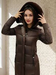 1 Elegant And Form-Fitting Shiny Nylon Down Jacket With A Hood And Faux Fur Trim – Perfect For Everyday Commutes And Social Occasions In Winter - Coffee Brown - View 3