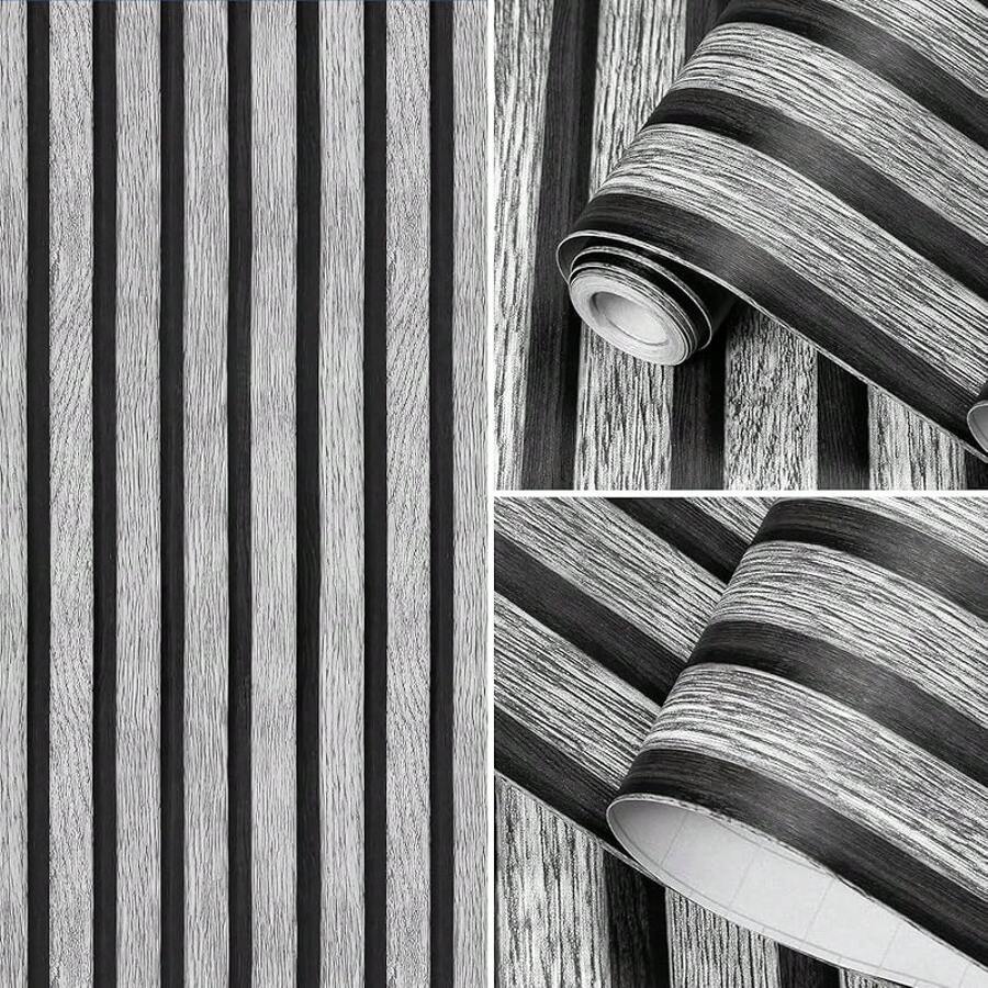 Papel Tapiz Autoadhesivo, Papel de Contacto Madera Mate Impermeable, Papel de Contacto Impermeable para Renovación de Muebles de Casa Oficina (Azul Blanco) - Raya Negro-Negro - Ver 1