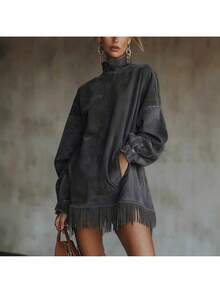 2 High-Necked Suede Fringed Dress With Loose Long Sleeves And Pocket Design. Three-Dimensional Cut Shape Bohemian Style. Fall/Winter Relaxed And Fashionable Item. Fashionable Women's Outerwear. Christmas Gift. . - 棕色 - 查看 8