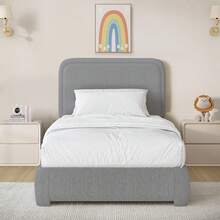 HOMBCK Twin/ Full/ Queen/ King Size Bed Frame, Boucle Upholstered Platform Bed With Headboard, Modern Style, Soft Rounded Corners, No Box Spring Required, Easy Assembly, Beige/ Grey/ Pink/ White/ Light Grey/ Black/ Green - 淺灰色 - 查看 15