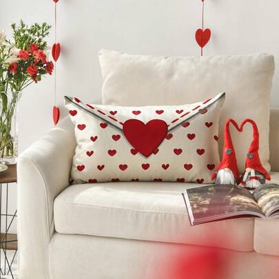 1pc Valentine's Day Envelope Pillow Cover, 12 X 20 Inch Red Heart White Anniversary Wedding Decorative Cushion Cover, Sofa Decor, Single-Sided, Pillow Insert Not Included