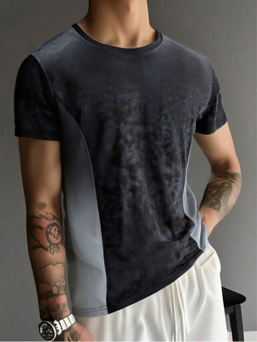 男士夏季T恤，柔软舒适，渐变色设计，休闲日常/户外运动皆宜 - 灰色 - 查看 1