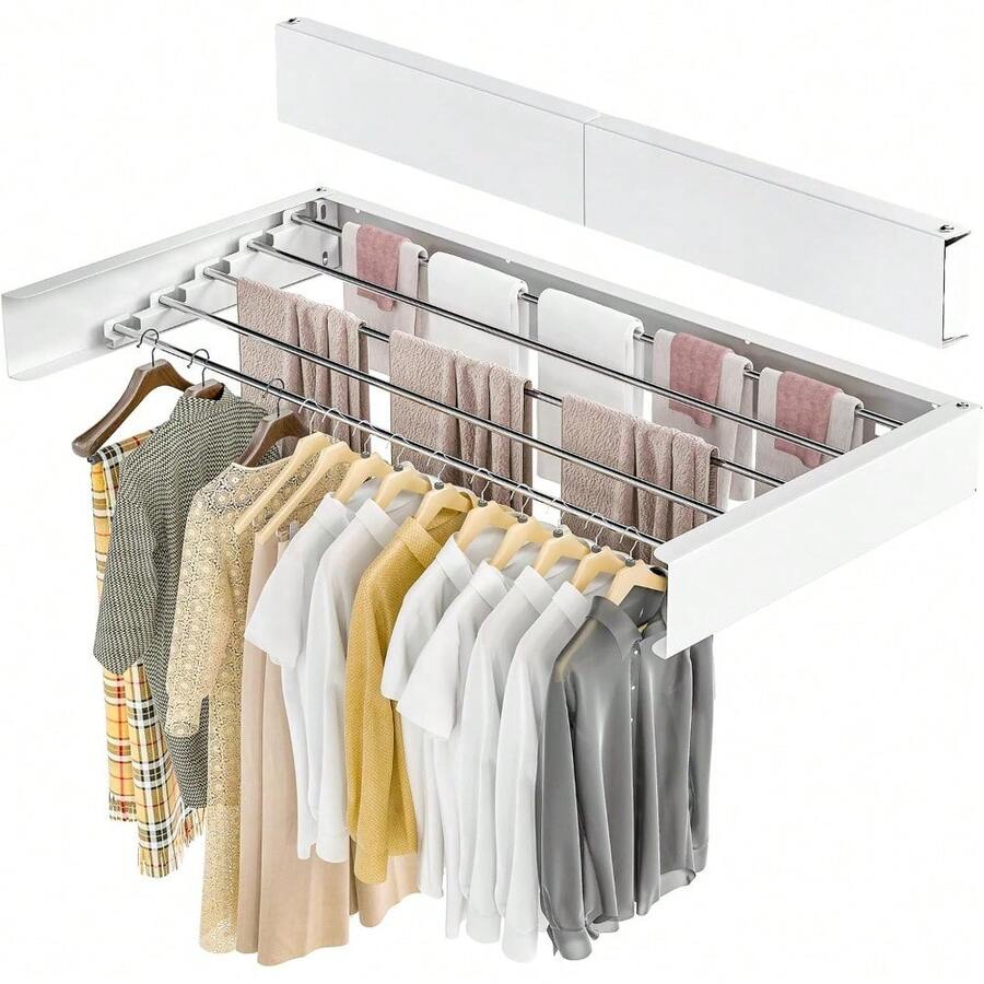 Wall Mounted Clothes Airer Retractable Foldaway Laundry Clothes Drying Rack 30kg Capacity With 5 Rods For Indoor Outdoor Saving Space (White) - 100cm - View 1