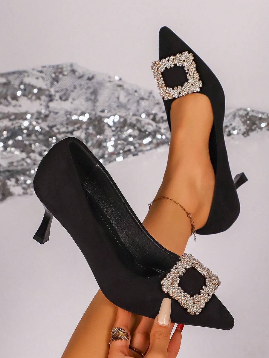 2025秋季新款法式尖头水钻方扣低帮细跟女鞋 - 黑色 - 查看 1