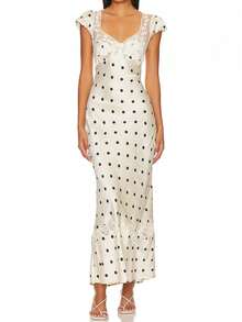 Women's Summer Slim Long Dress Floral Dot Print Lace Patchwork Cap Sleeve Sweetheart Neck Elegant Dresses Cocktail Party Streetwear - 杏色 - 查看 1