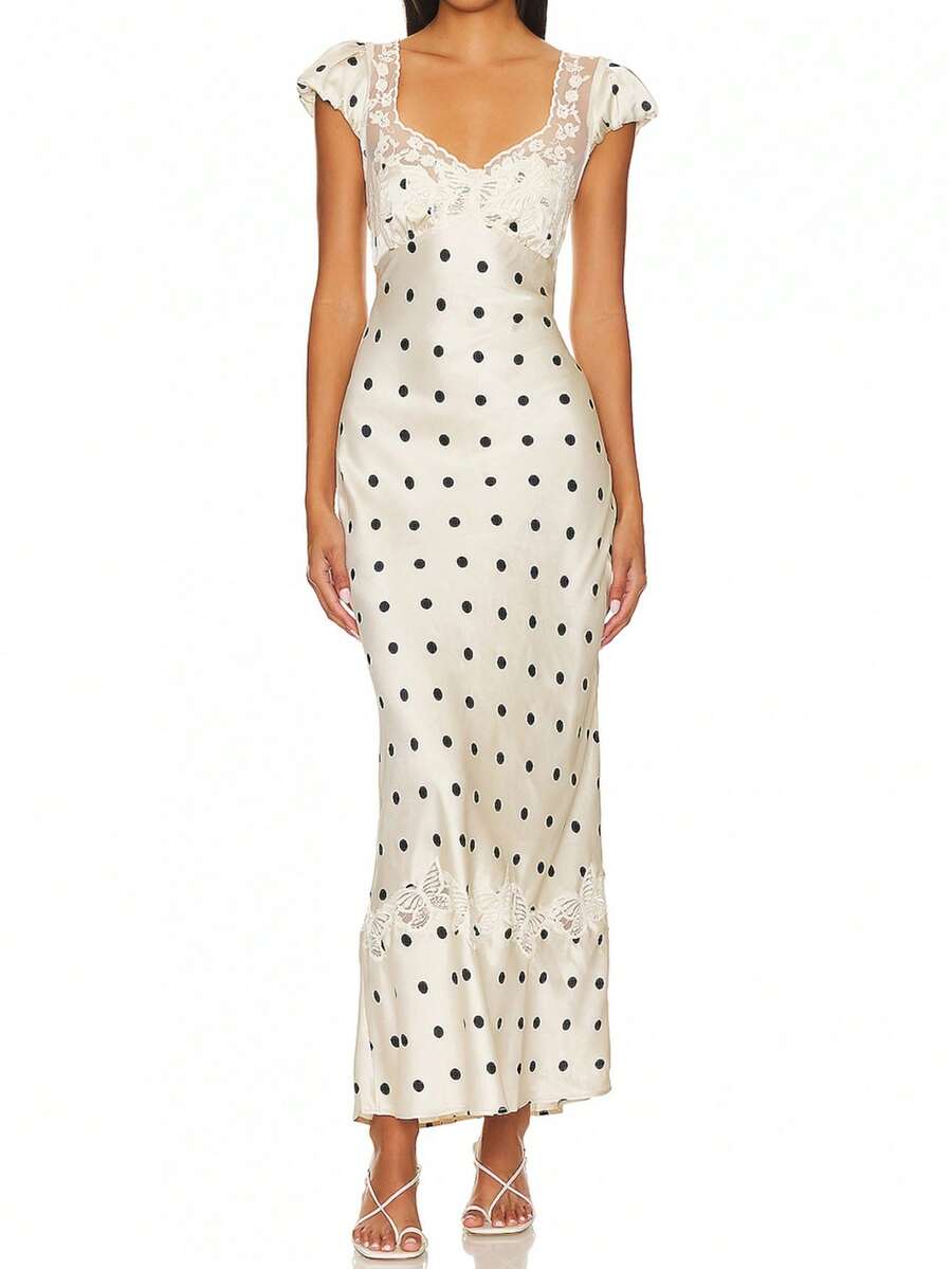 Women's Summer Slim Long Dress Floral Dot Print Lace Patchwork Cap Sleeve Sweetheart Neck Elegant Dresses Cocktail Party Streetwear - 杏色 - 查看 1