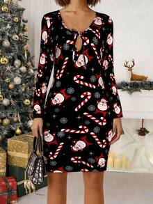 Damen Weihnachts-Muster Langarm Bodycon Minikleid - Taillengürtel Partykleid mit festlichem Blumenmuster, sexy figurbetontes Weihnachtskleid für Damen, perfekt für Weihnachtsfeierlichkeiten und Weihnachtsessen, lässige Herbstkleider für Damen, legere schwarze Kurzkleider für Frauen - Schwarz - Übersicht 1