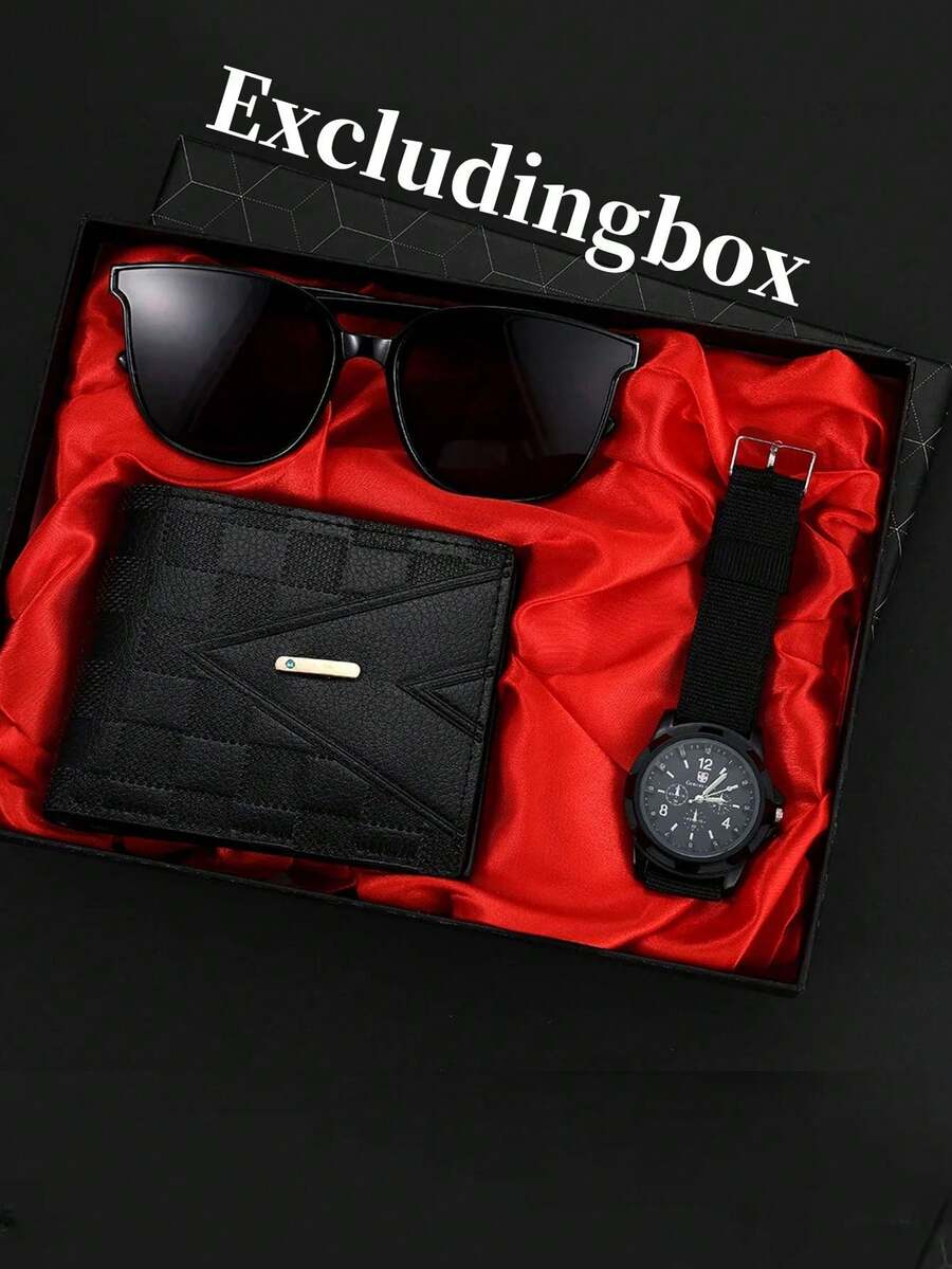 3件套时尚男士黑色个性化礼品套装，包括双眼数字真皮表带手表、短款真皮钱包和个性化男士眼镜，是理想的送礼之选。 - 彩色 - 查看 1